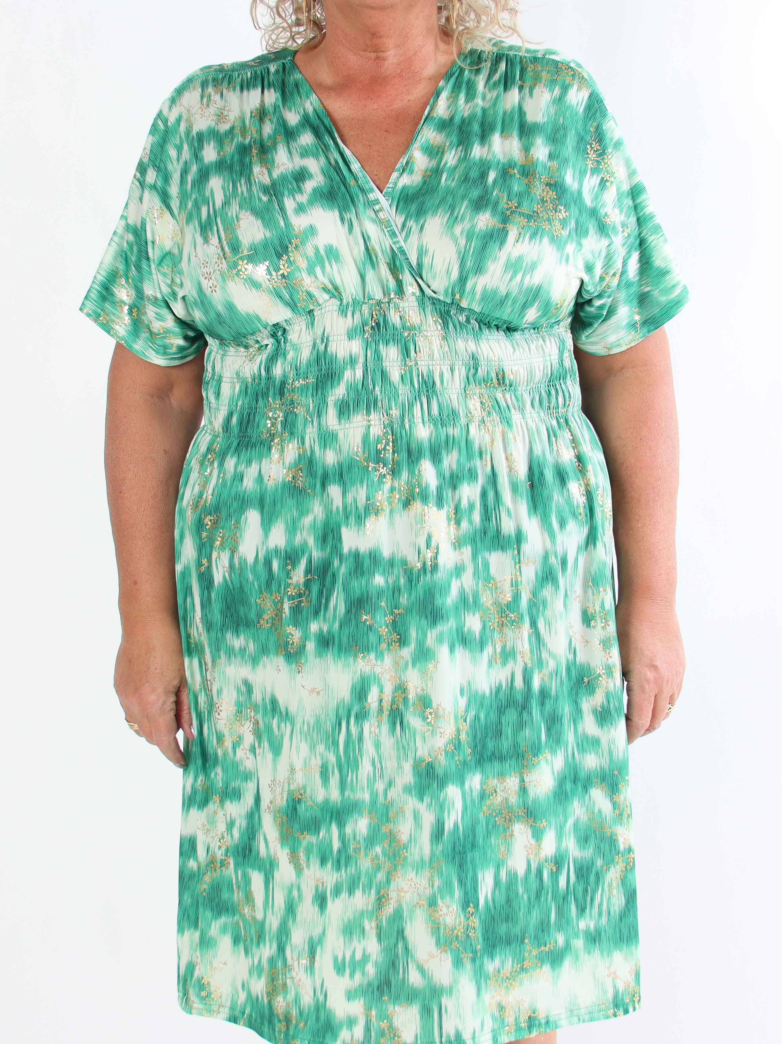 Pams Art Short - Plus size elastisk kjole med guld blomster